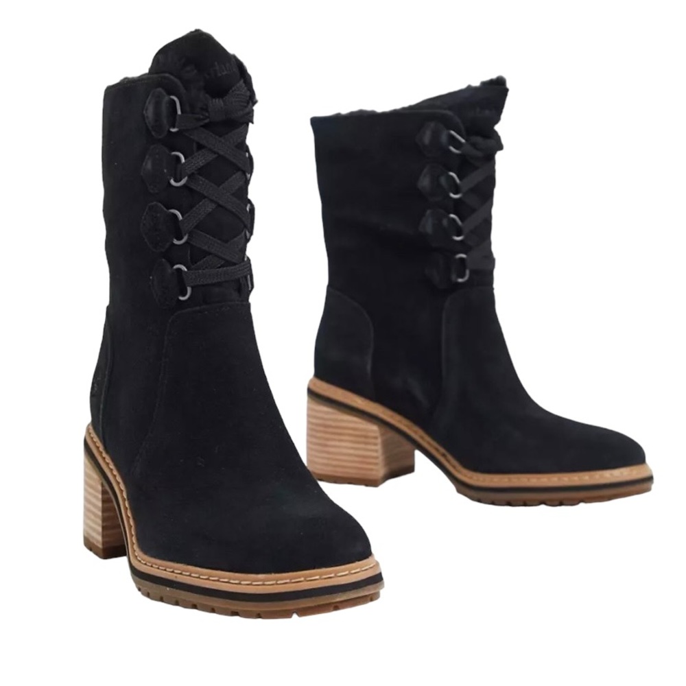Timberland Sienna Heeled Hiker Boots Black Suede Leather Faux Shearling Size 8.5